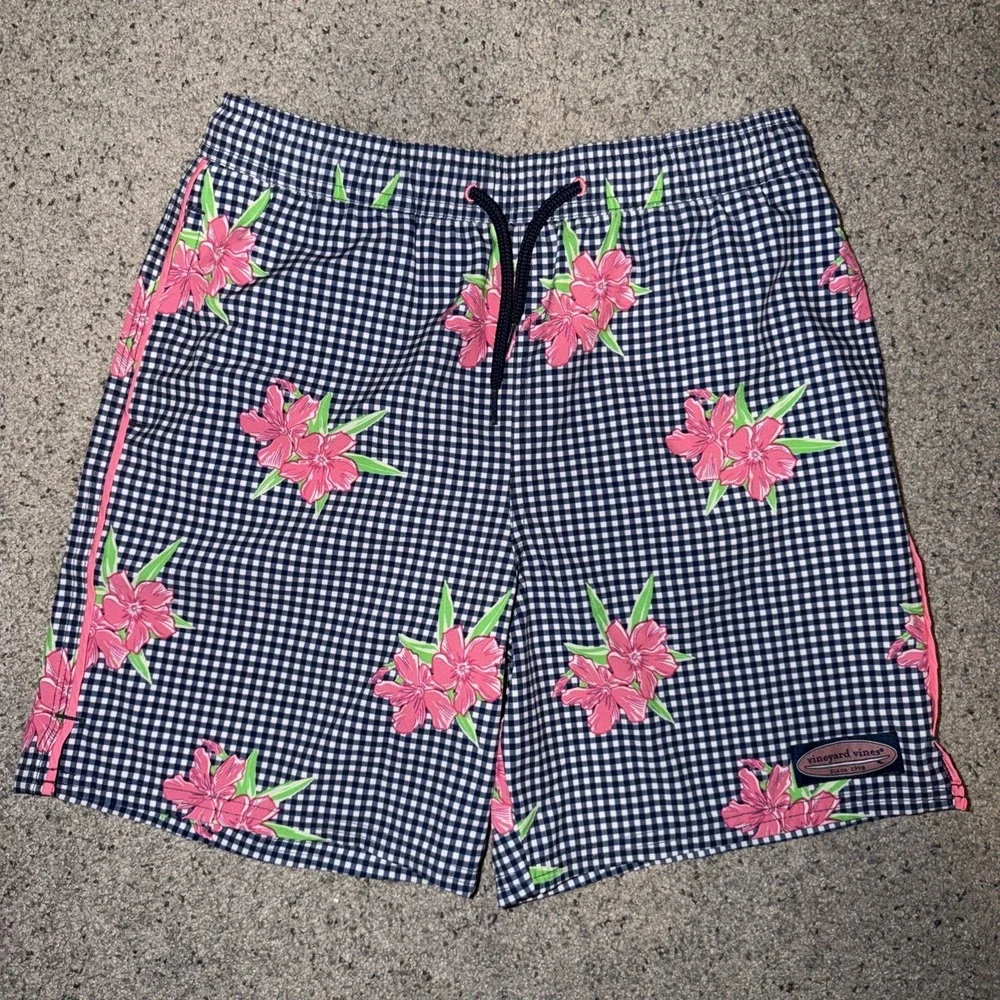 Vineyard Vines Gingham & Oleander Printed Chappy Swim Trunks Kids Medium Beach